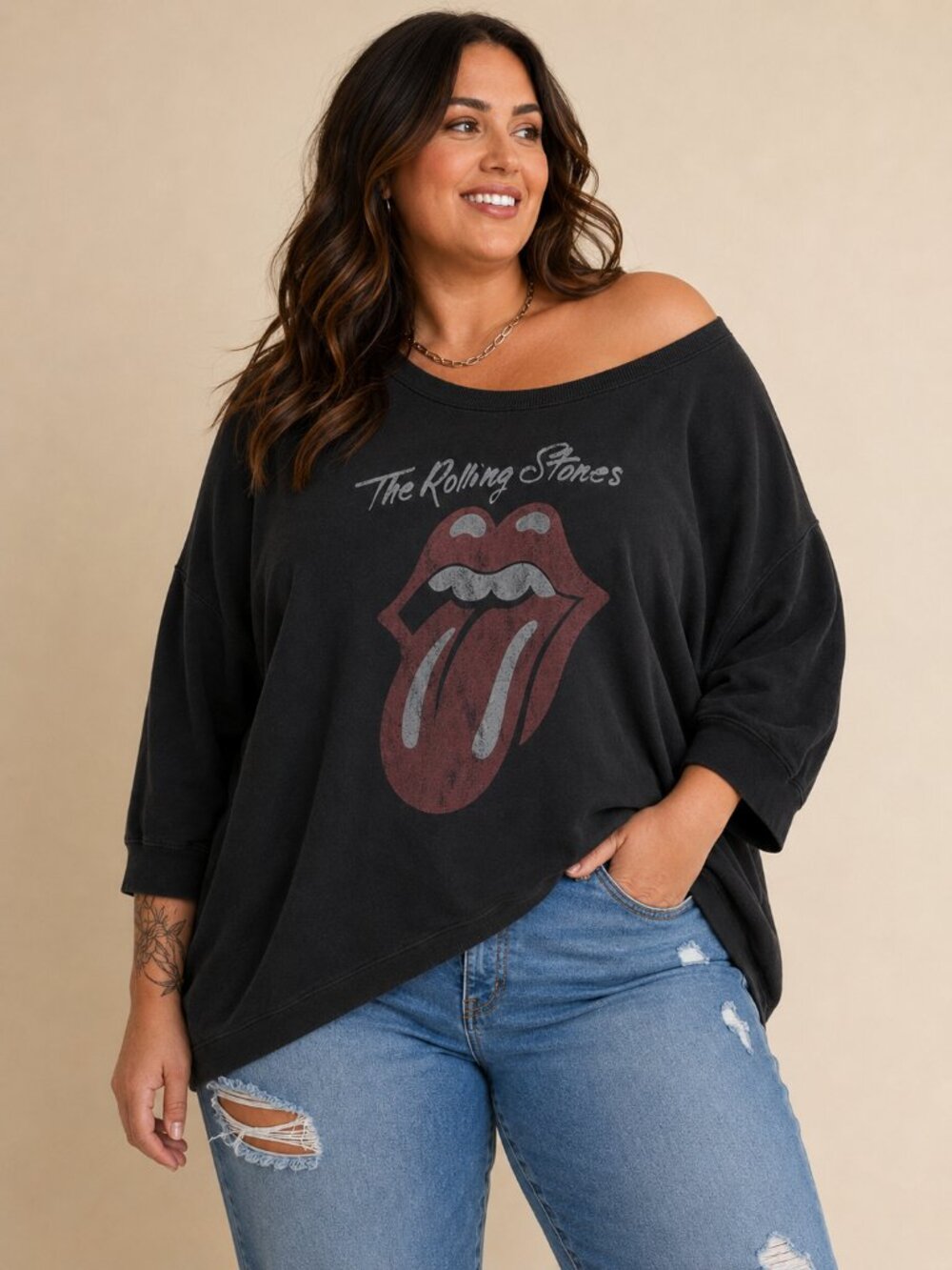 Rolling Stones Tongue Logo Oversized Sweatshirt Charcoal Gray Size 6 Plus